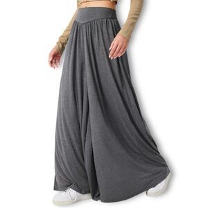 Cider Solid Gray Jersey High Waist Ruffle Wide Leg Trousers